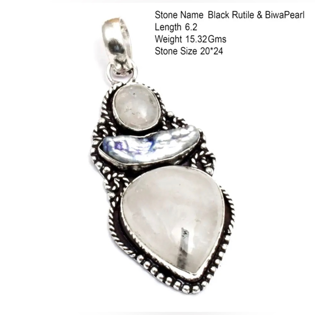 Black Rutile And Biwa Pearl 925 Silver Overlay Pendant 58$